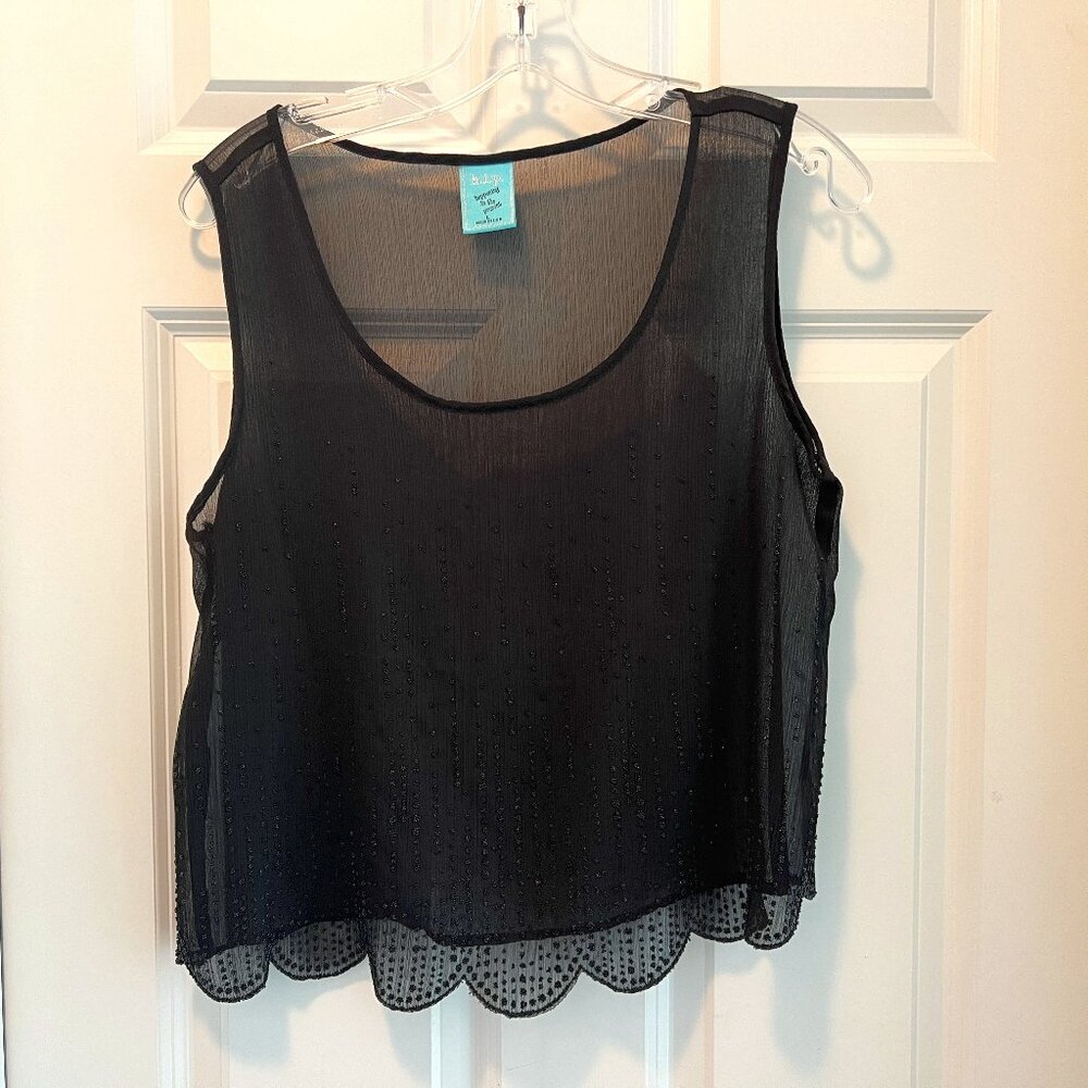 Gauzy Black Sheer Beaded Top, Subtle Design, Scalloped Edge, Sleeveless, NWOT